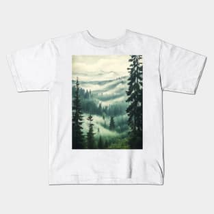 Misty fir forest retro style Kids T-Shirt